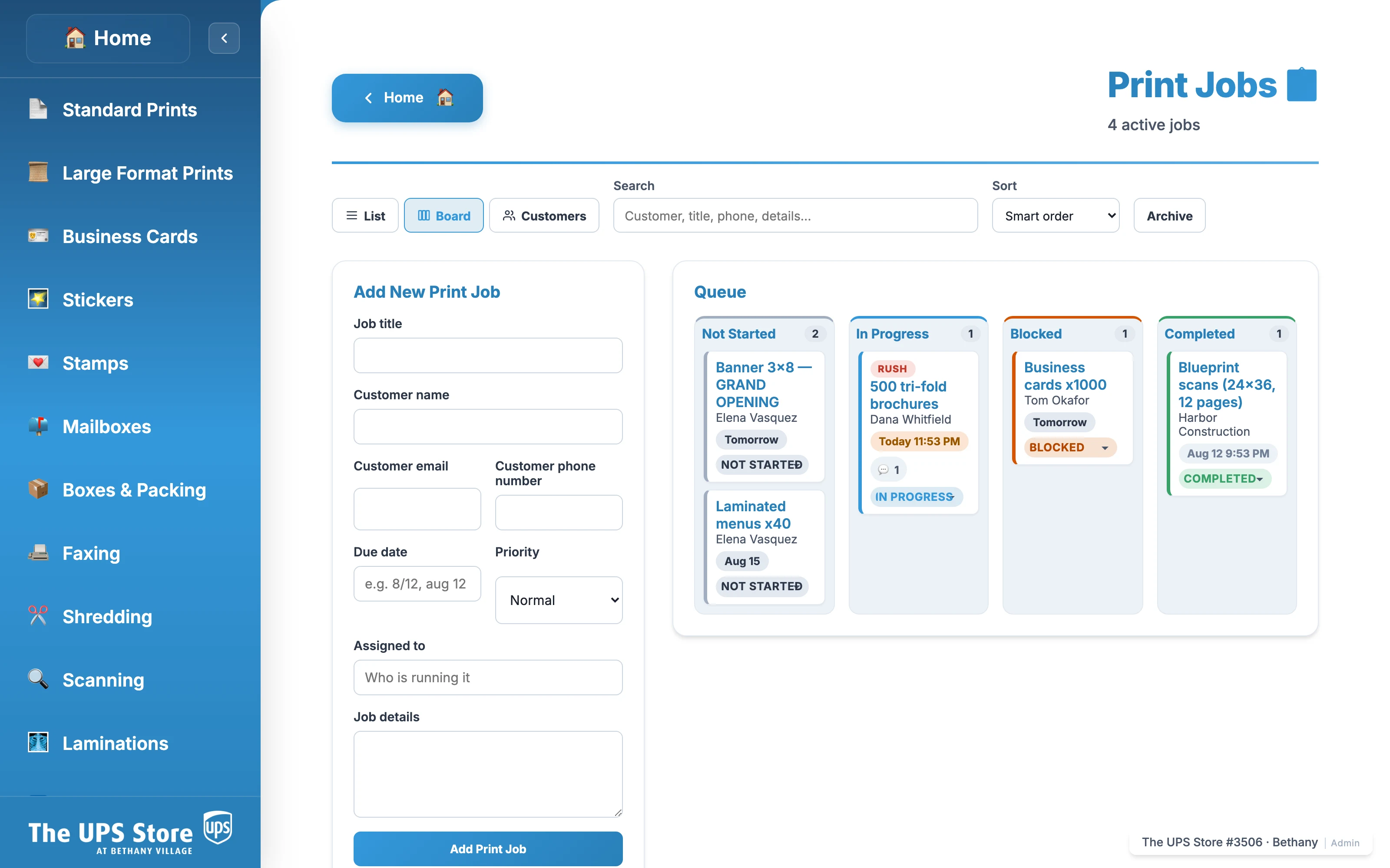 Print jobs organized into Not Started, In Progress, Blocked, and Completed columns.