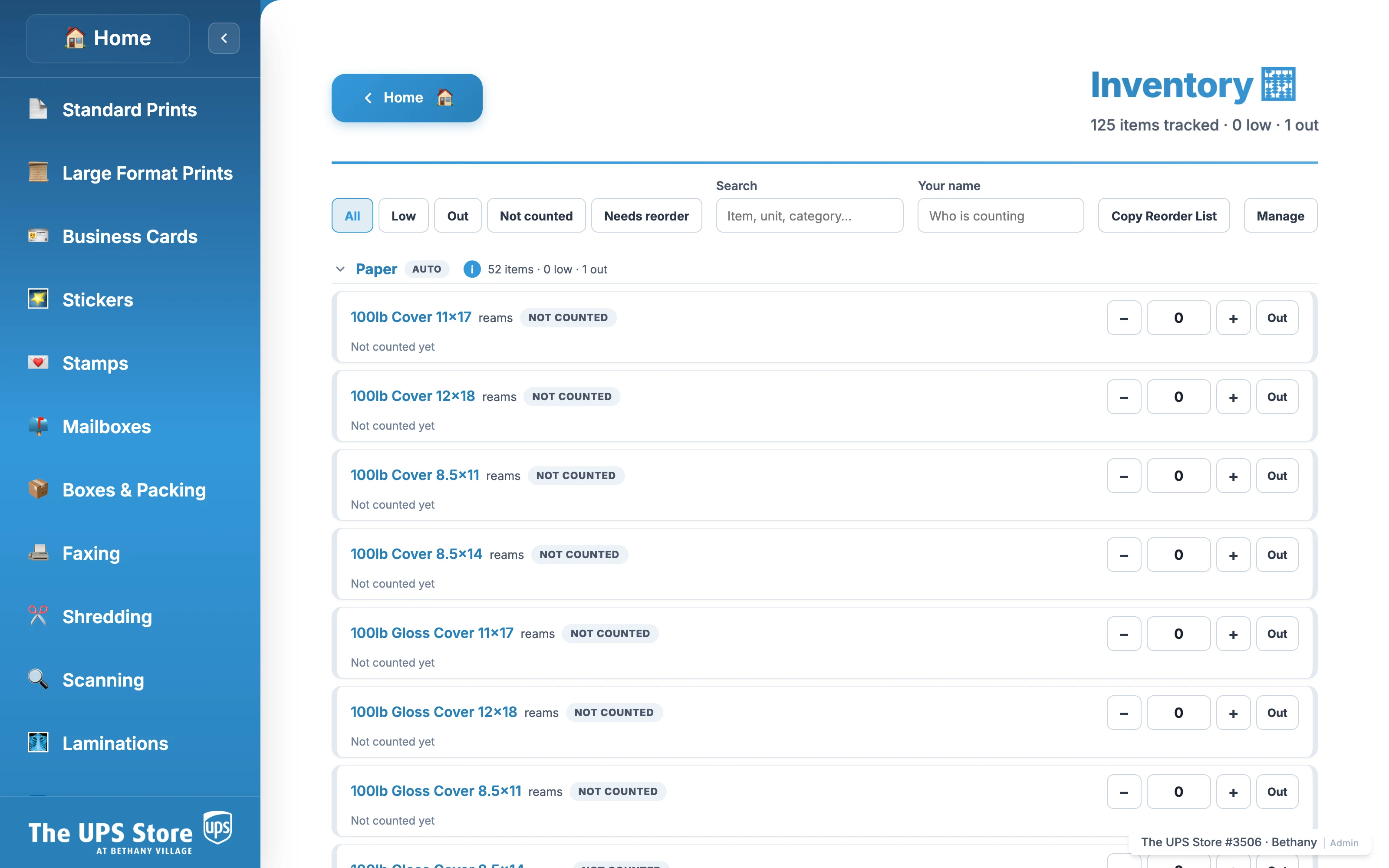 The shared inventory shows supply categories, recorded counts, low-stock indicators, and reorder needs.