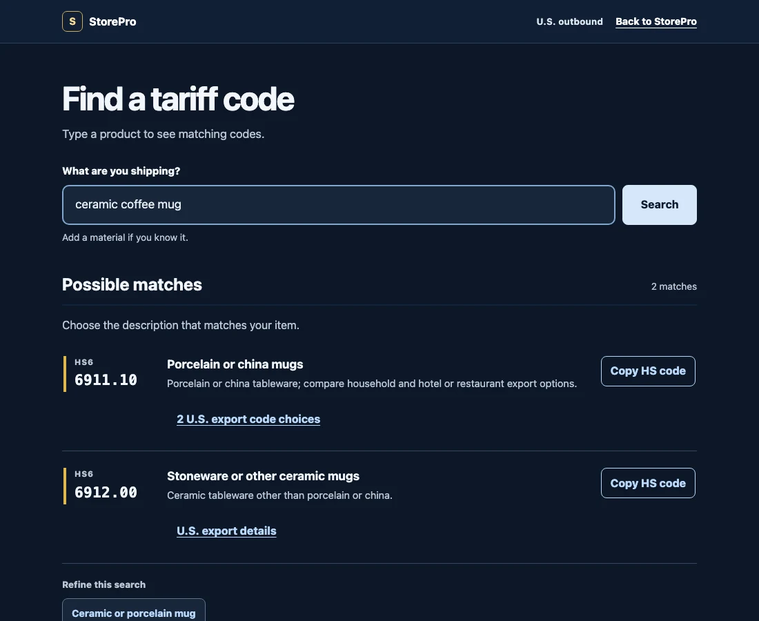 StorePro’s tariff lookup shows possible HS matches for a ceramic coffee mug, with copy actions and U.S. export details.
